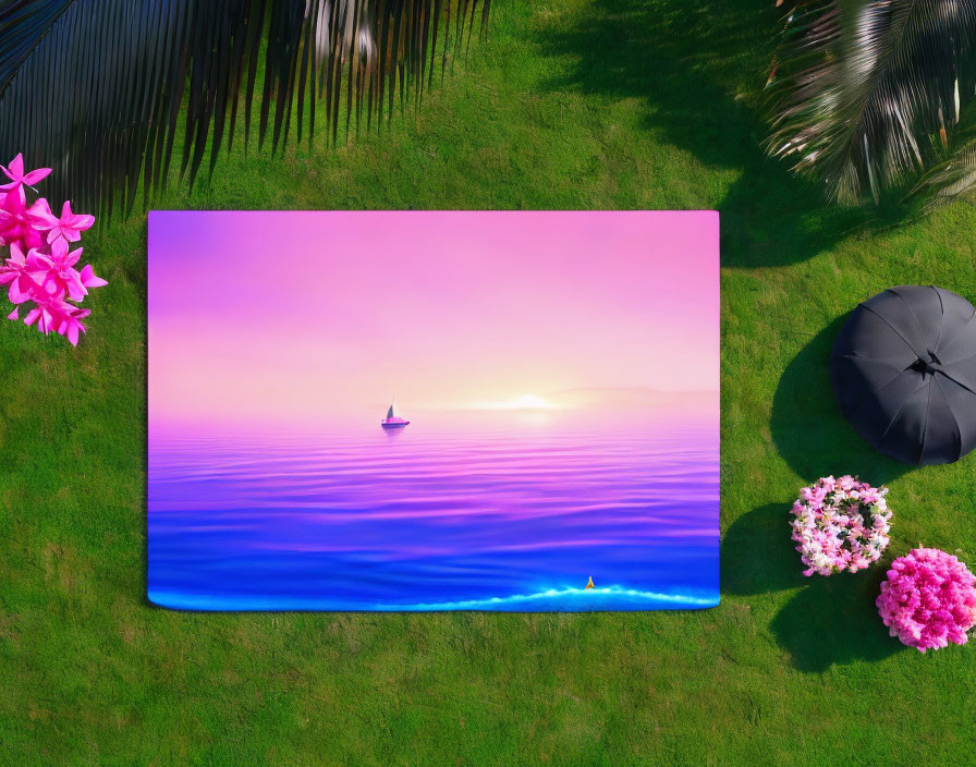 Serene sunset over ocean with sailboat on large canvas