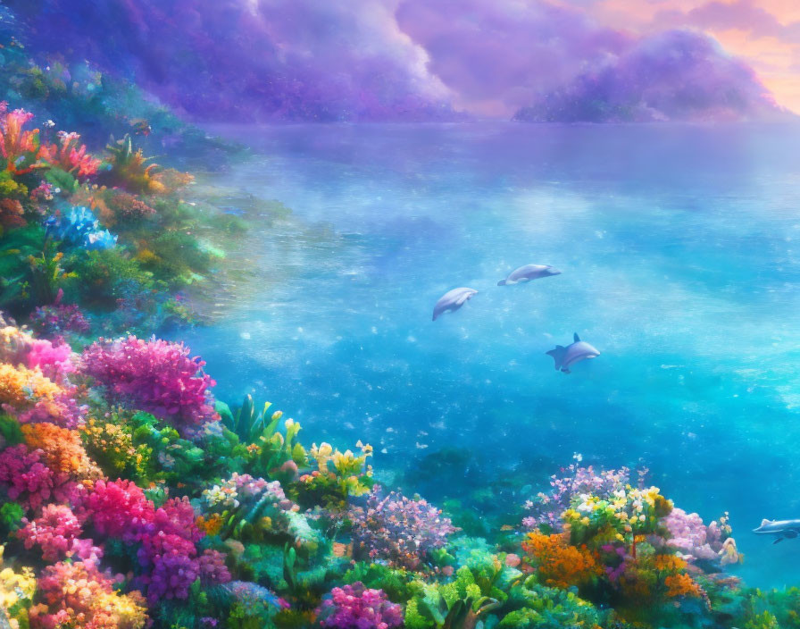 Colorful Fantasy Landscape with Leaping Dolphins in Shimmering Sea