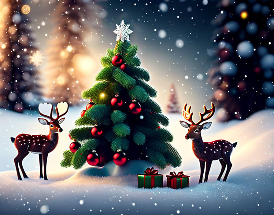 Christmas Scene with Decorated Tree, Reindeer, and Gifts in Snowy Setting