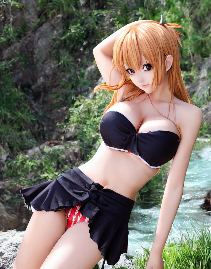 Orange-Haired Animated Character in Black Bikini Top and Skirt by River