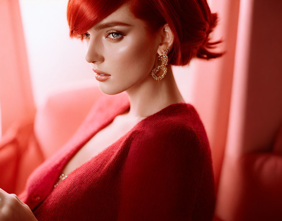 Woman with short red hair and blue eyes in red cardigan and gold earring in warmly lit room