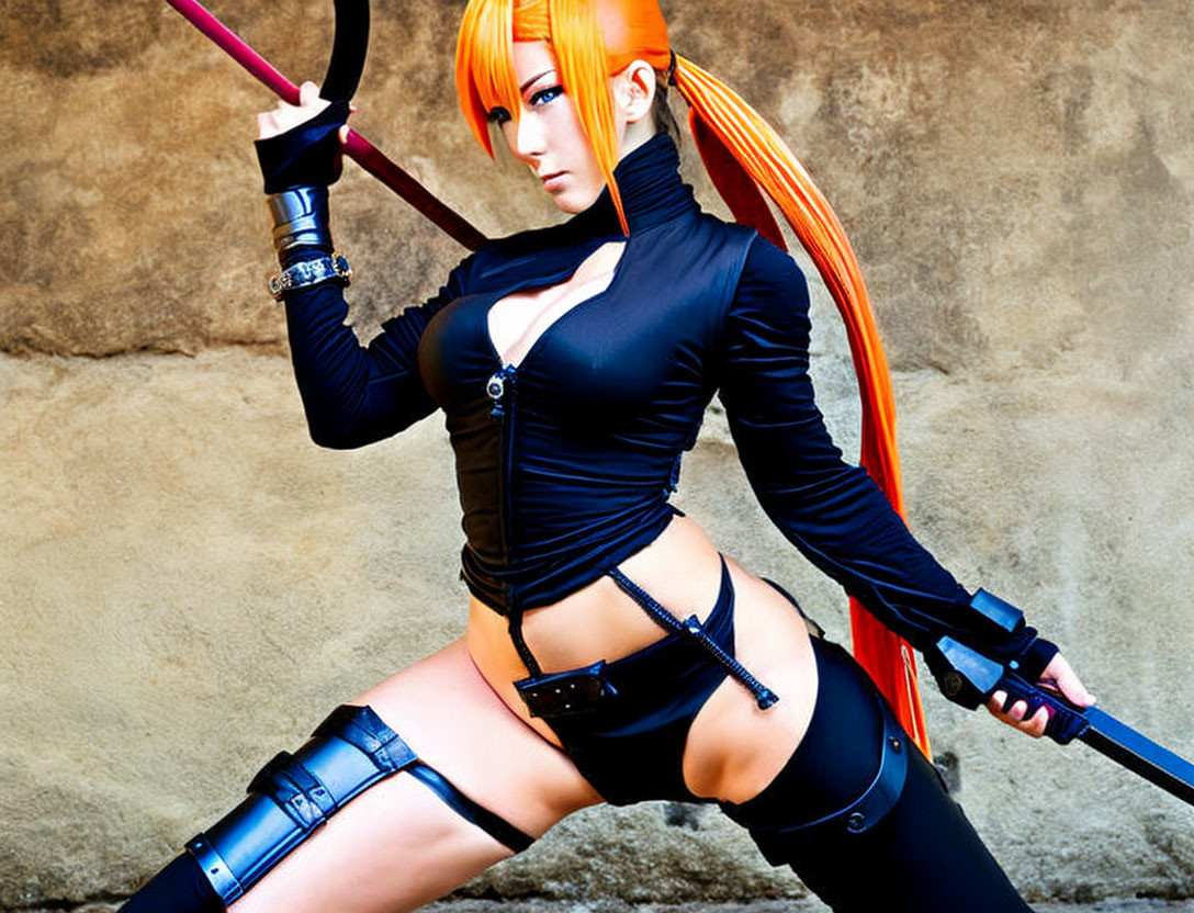 Cosplayer with Orange Hair, Black Outfit, and Sword on Stone Background