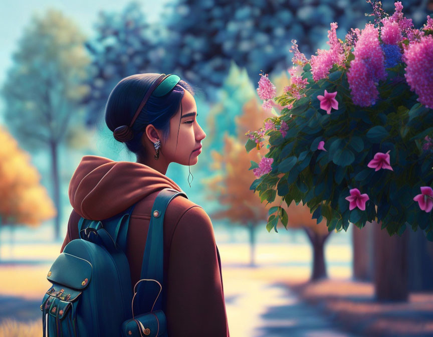 Digital artwork: Woman with blue headscarf and backpack admiring pink flowers in nature