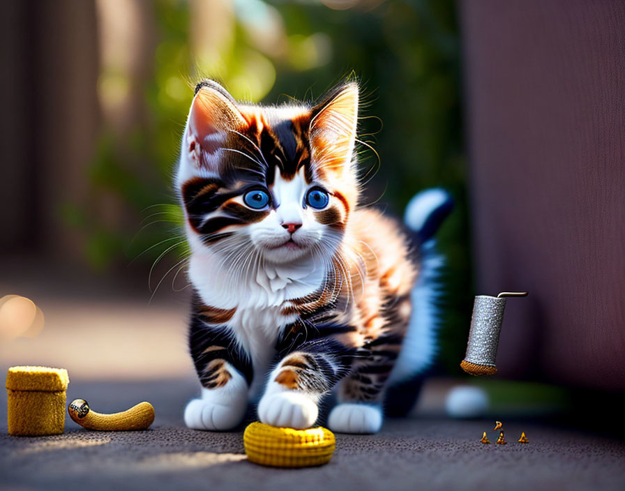 Blue-eyed kitten with unique markings near tiny chair, broom, and sewing set