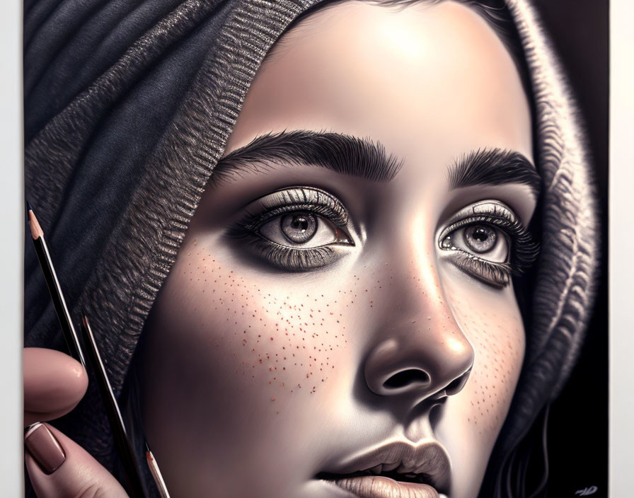 Digital painting of a woman with hood, captivating eyes, freckles, and artist's hand with