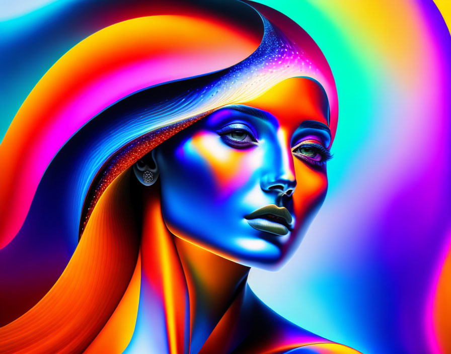 Neon-colored digital artwork of a woman with flowing shapes on luminescent background