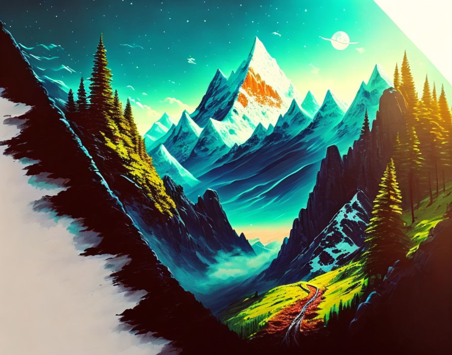 Neon-lit mountain landscape with starry sky and celestial body