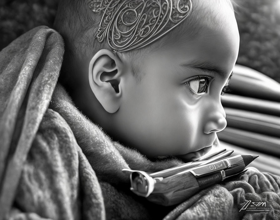 Black and white photo of child with bandana, wrapped in blanket, holding pen