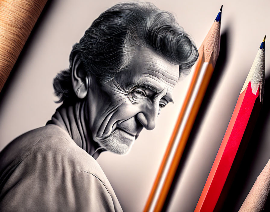 Elderly person with wrinkles and colorful pencils in grayscale art