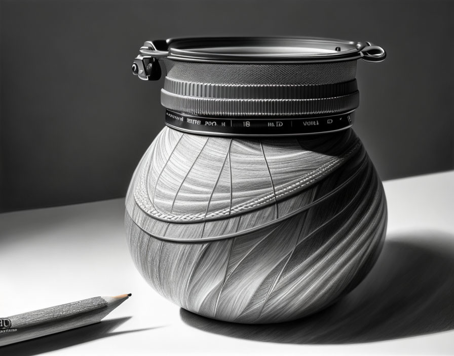 Camera lens-inspired container beside a pencil on shaded background