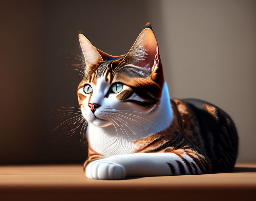 Tabby domestic cat with amber eyes lounging in warm light