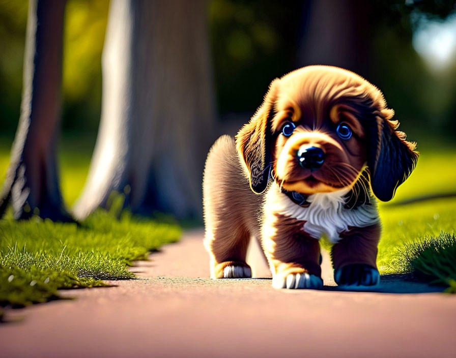 Brown and Black Puppy with Floppy Ears Walking on Path in Sunlight