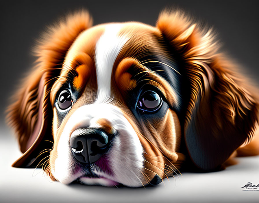 Detailed Close-Up Illustration of a Sad-Eyed Tricolor Spaniel