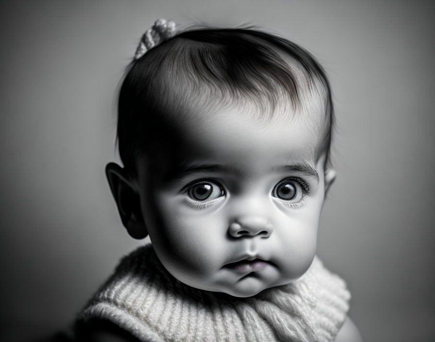 Monochrome baby portrait with big eyes and headband.