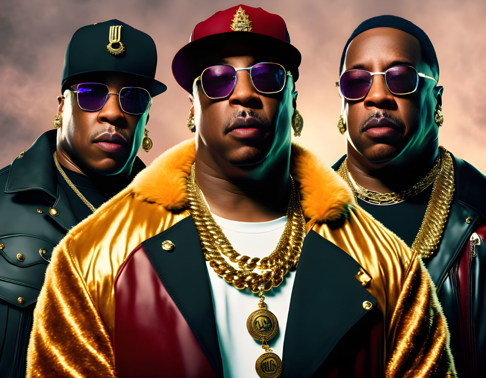 Three men in hip-hop attire with gold jewelry and sunglasses on vibrant background