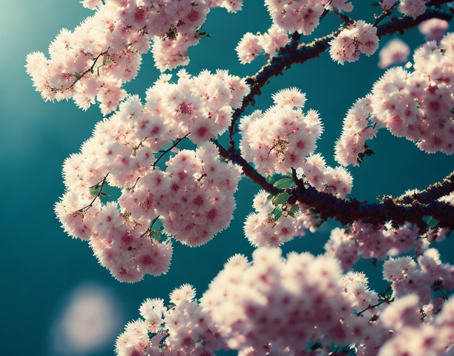 Soft pink cherry blossoms against serene teal background