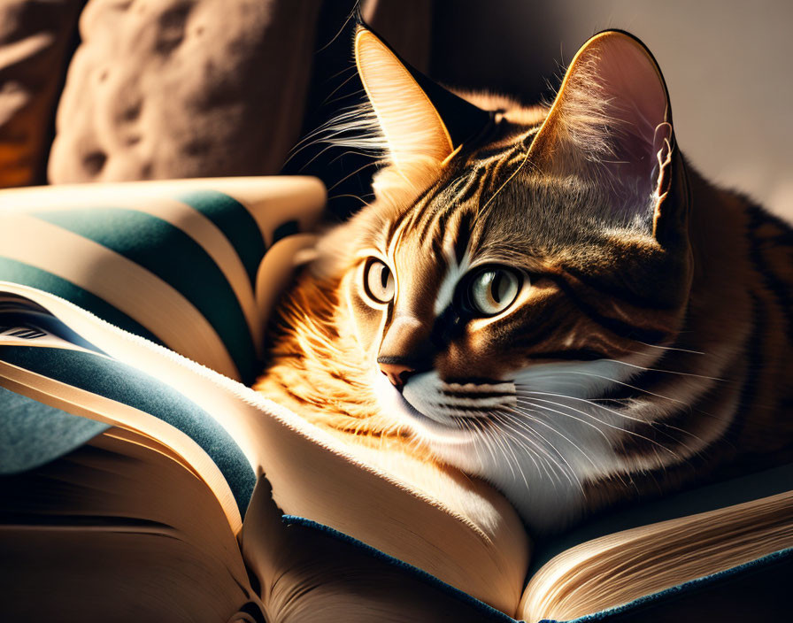 Striped domestic cat beside open book in warm light