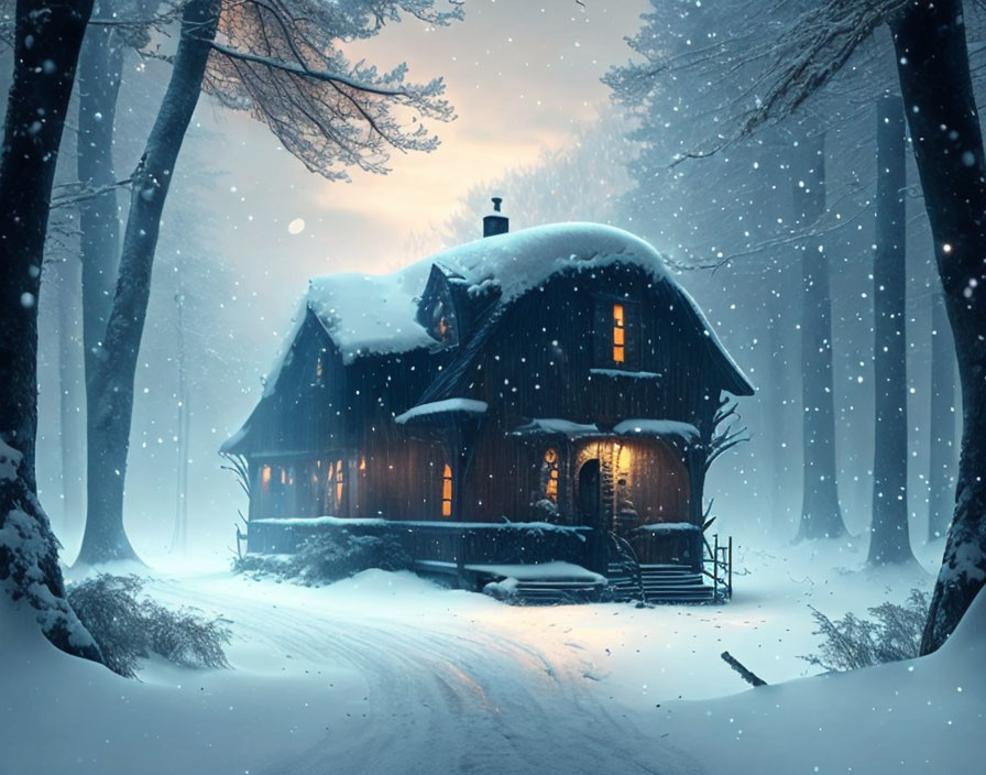 Snowy twilight scene: Cozy cabin in illuminated snow-covered forest