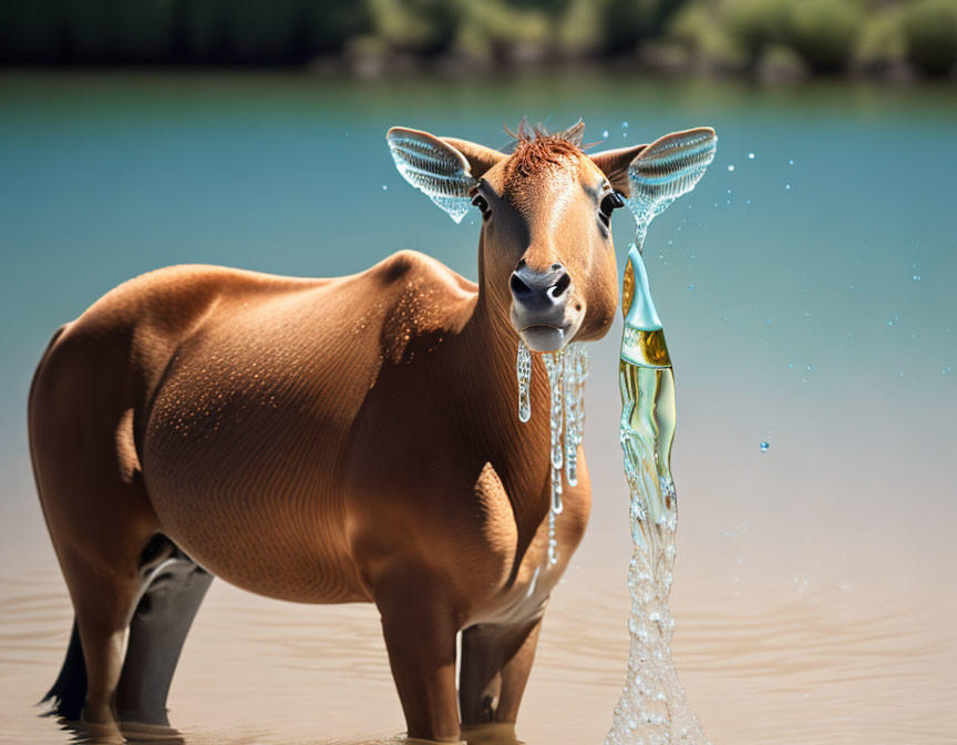 Brown cow with blue fairy wings by lake, water stream from mouth