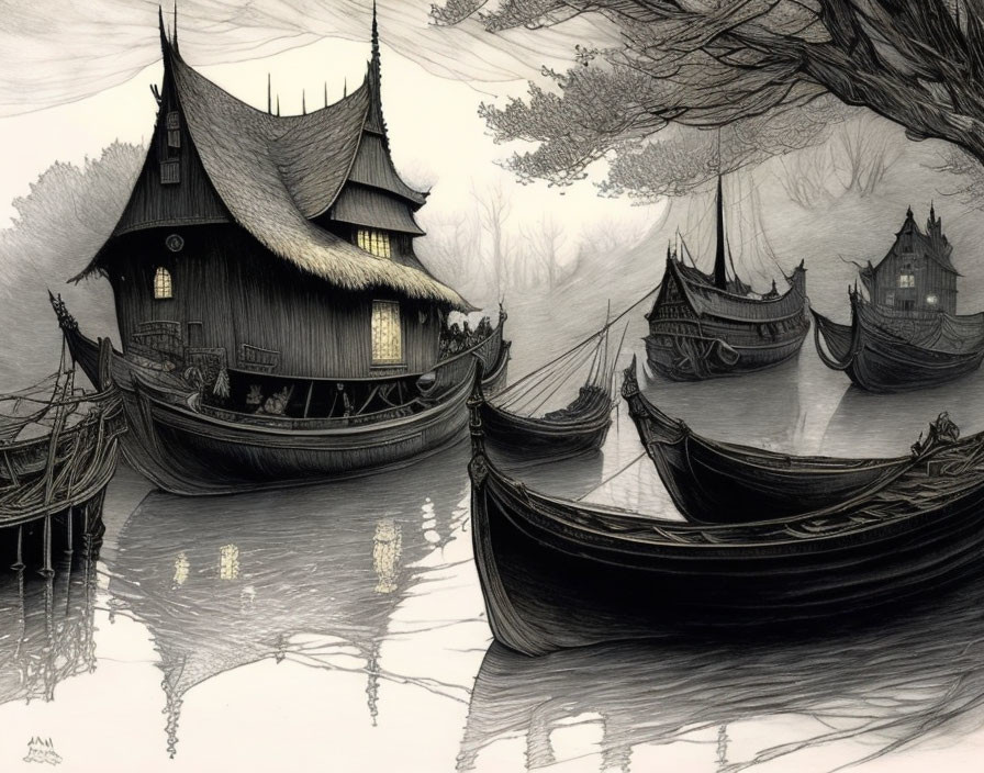 Serene lakeside scene with traditional buildings and boats in monochrome.