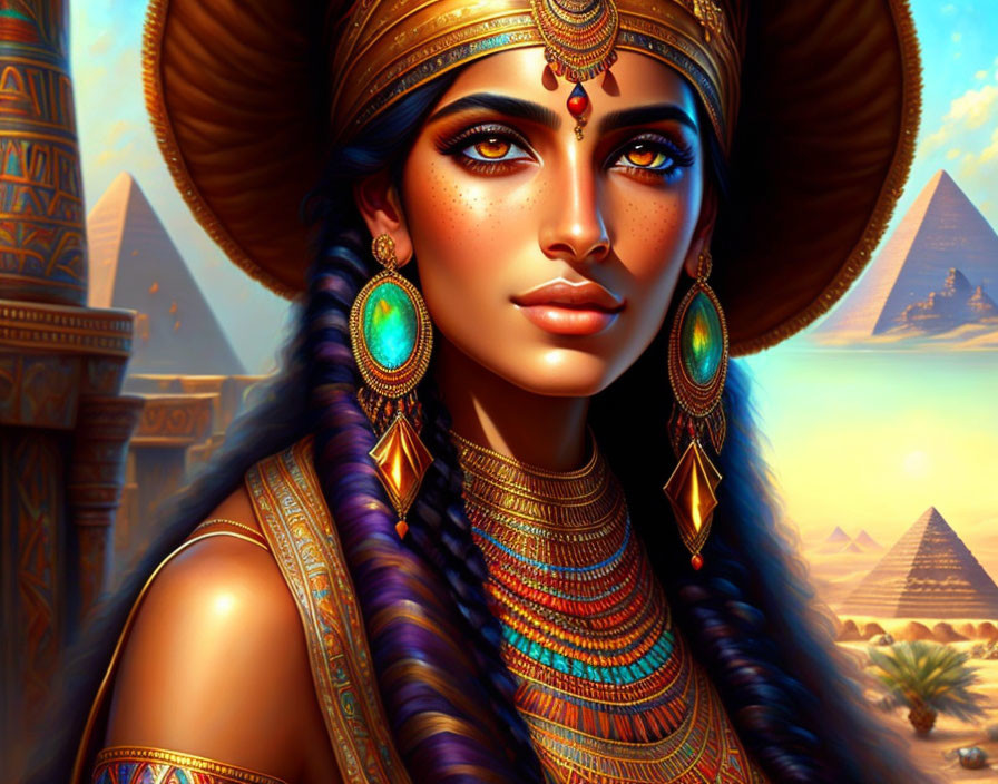 Illustrated portrait of a woman with Egyptian-style headdress, jewelry, and makeup against pyramid backdrop