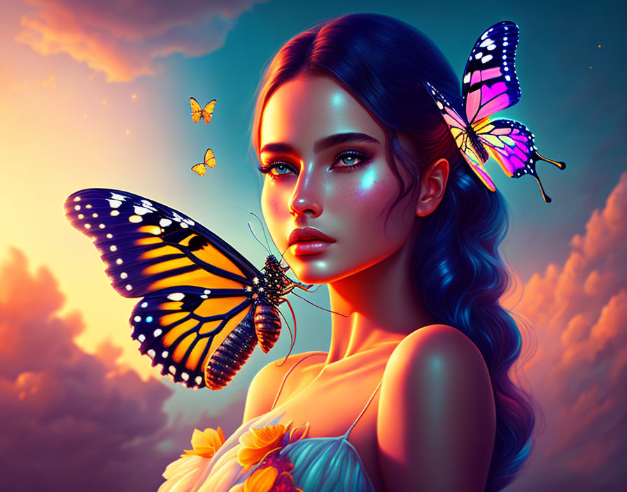 Digital artwork: Woman with blue hair, glowing skin, butterflies, sunset sky