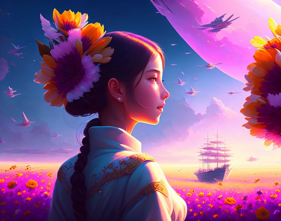 Woman with flowers in hair under purple sky with paper planes and floating whale above field.