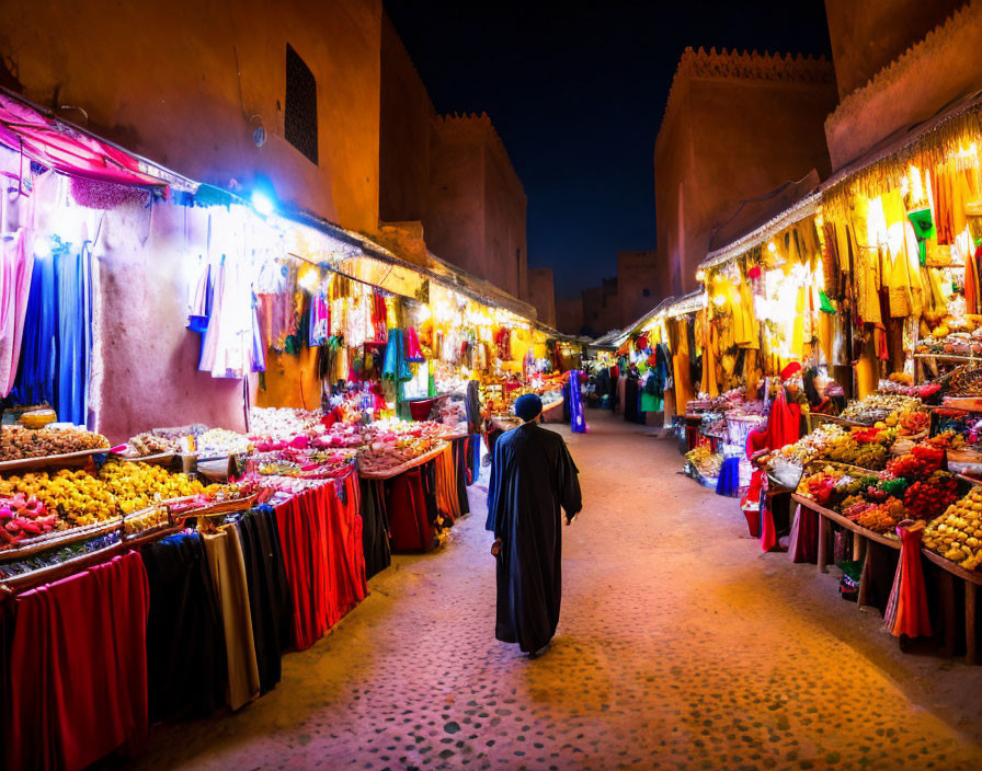 Vibrant outdoor market at dusk with fabric stalls and traditional attire.