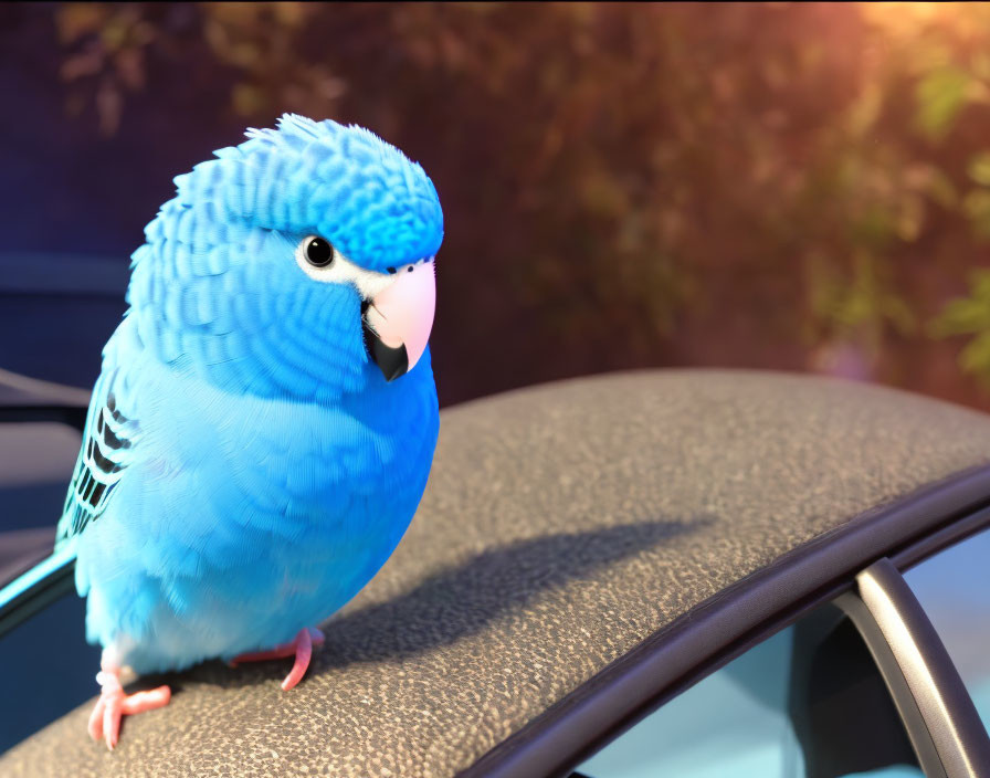 Blue Budgerigar Perched on Car Side Mirror with Blurred Foliage