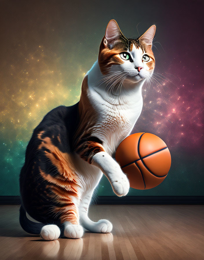 Exaggerated cat playing basketball in cosmic setting