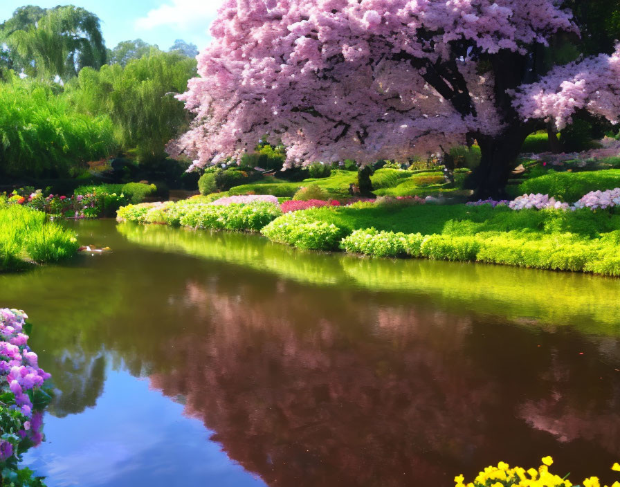 Tranquil spring landscape with vibrant cherry blossom tree by river