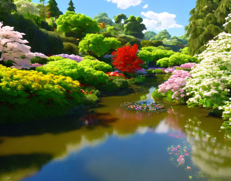 Tranquil garden scene with vibrant flowers by a calm river