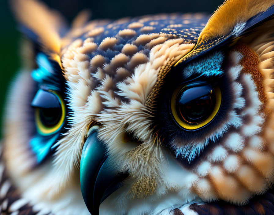 Detailed Close-Up of Owl's Yellow Eyes, Feathers, and Beak