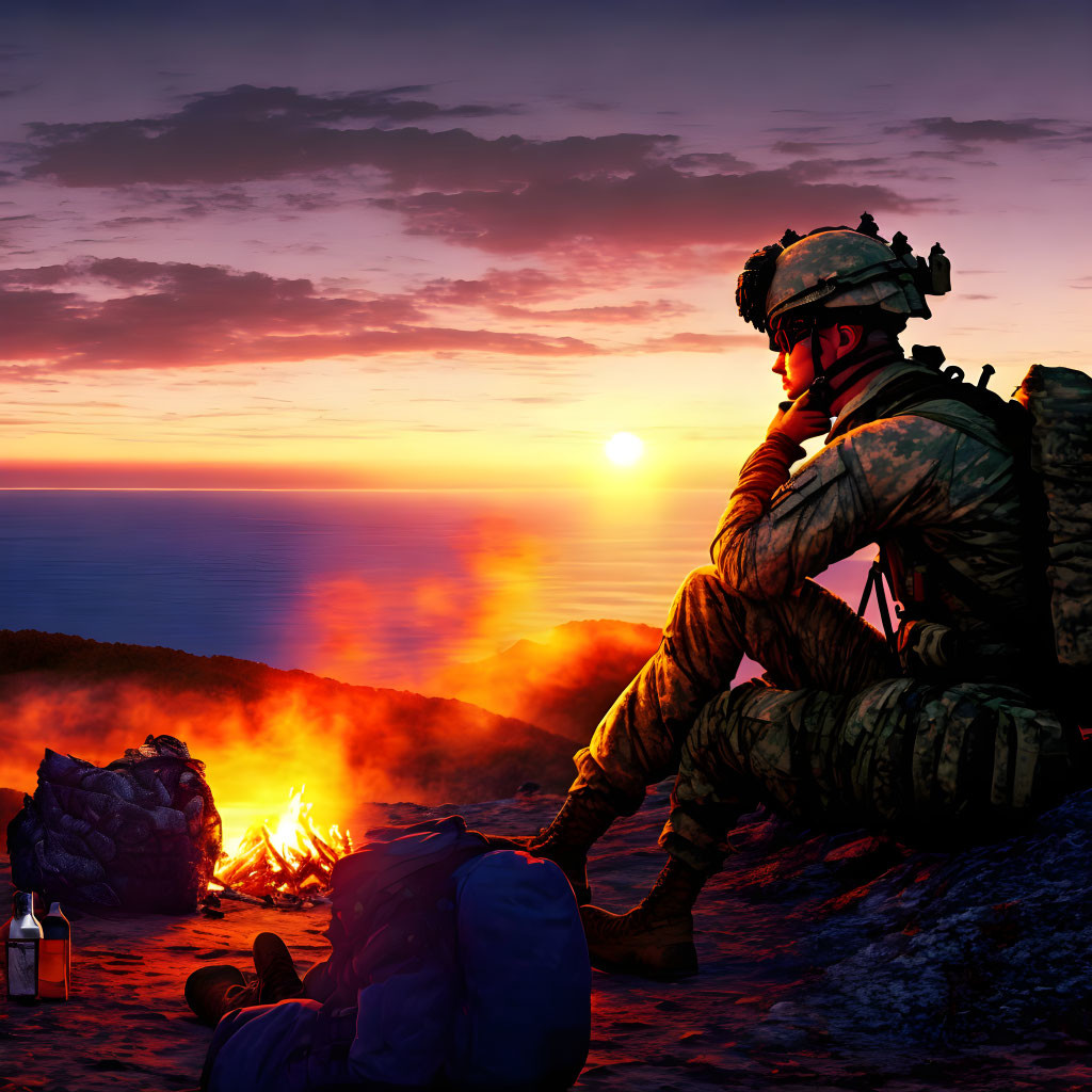 Soldier by campfire at sunset with backpack and radio gear.