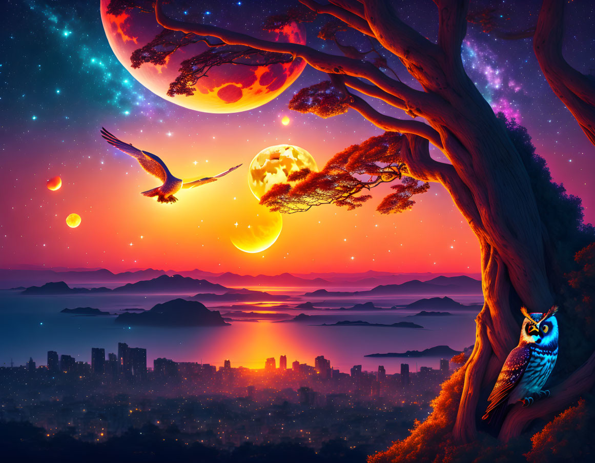 Colorful city skyline art with oversized moons, cosmic sky, owl, and birds.