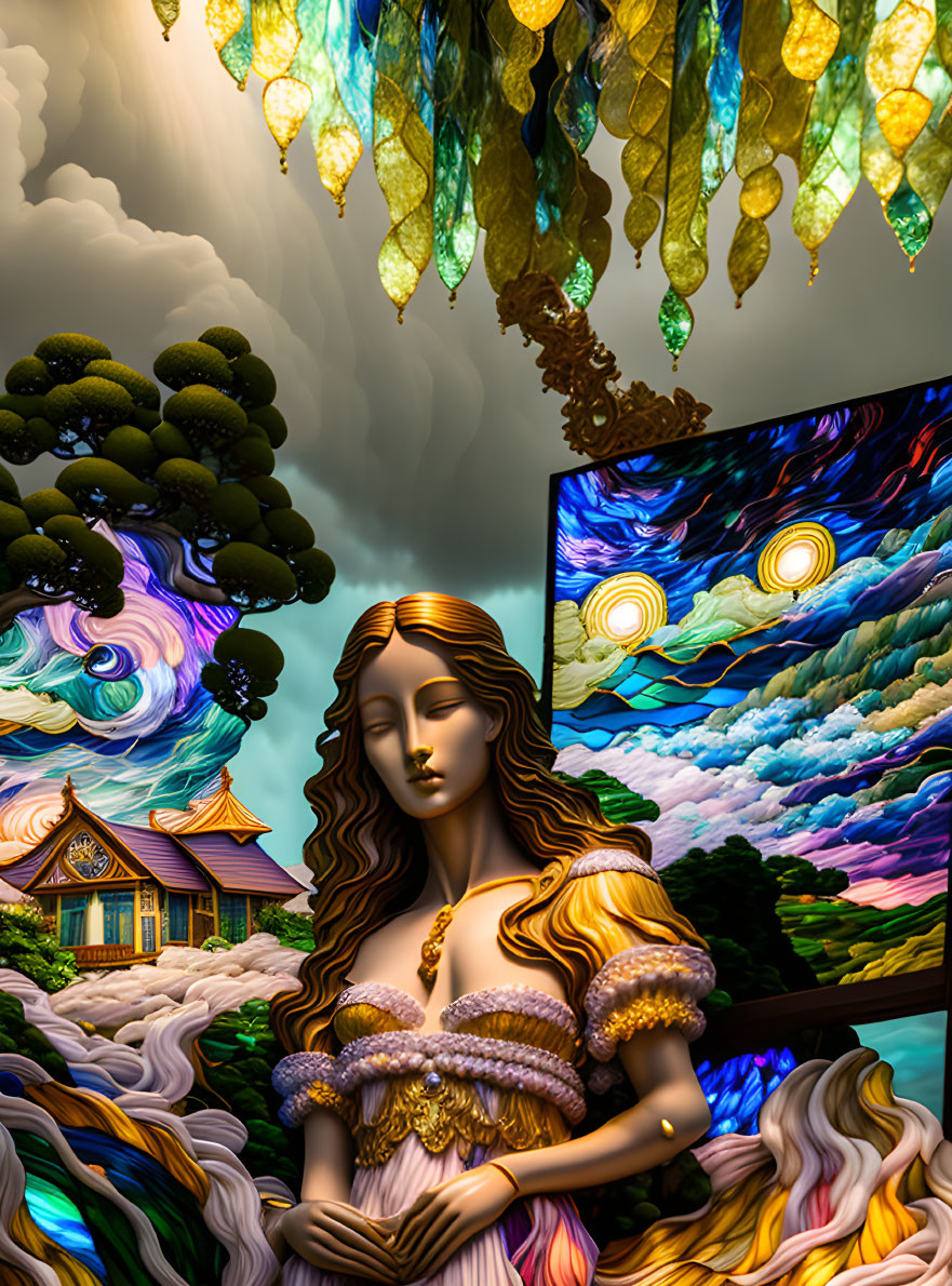 Surreal artwork: serene female statue, swirling skies, Asian architecture, whimsical trees