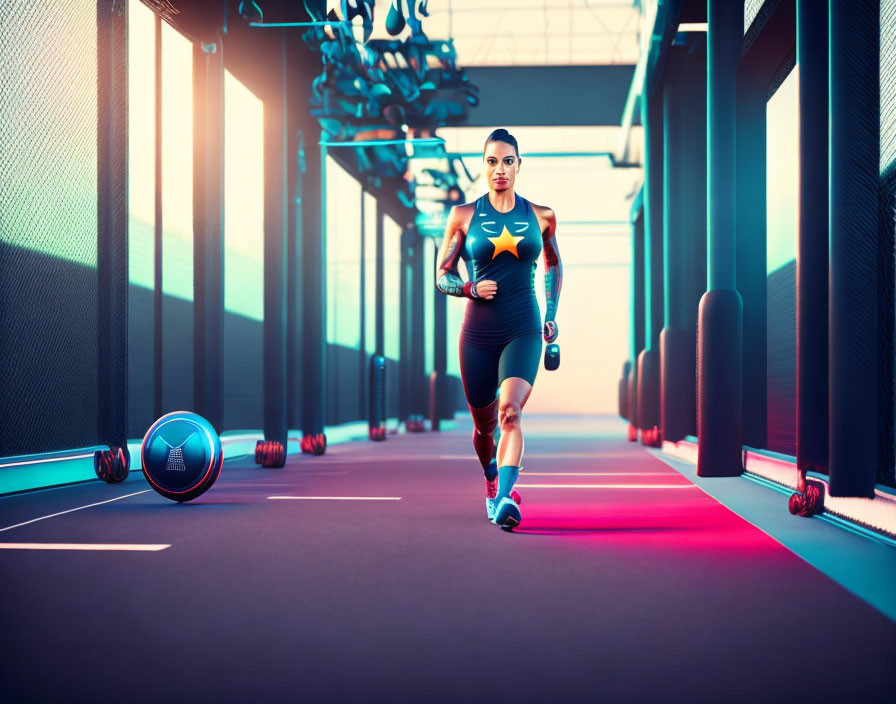 Woman in sportswear jogging in indoor gym with exercise equipment visible