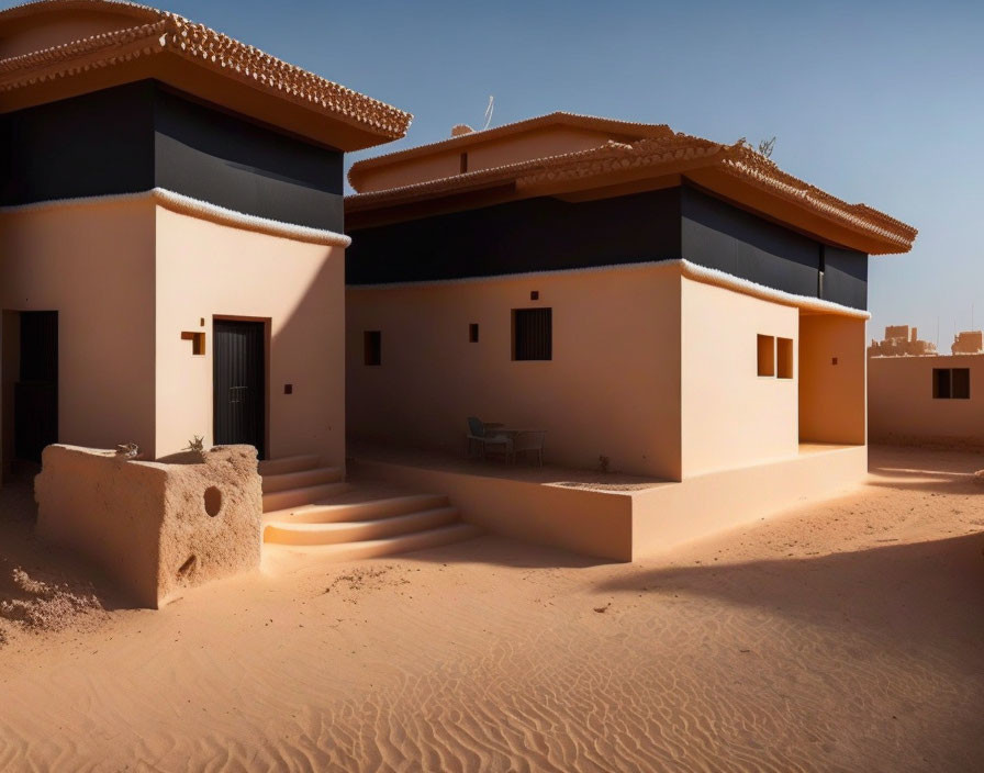 Contemporary terracotta buildings in sandy desert setting under clear blue sky