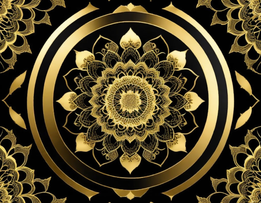 Intricate Golden Mandala Pattern on Black Background