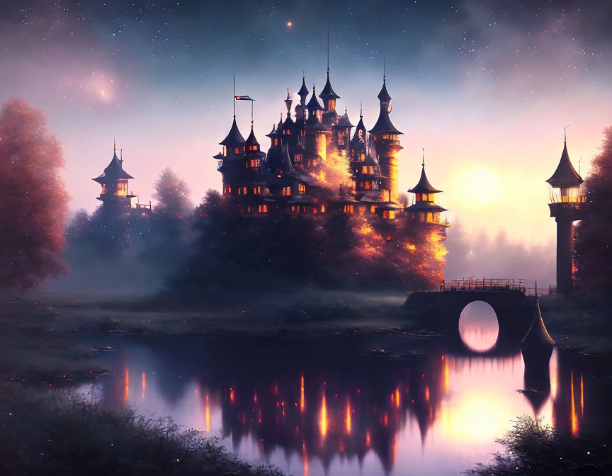 Mystical castle with illuminated windows reflected in tranquil river at dusk