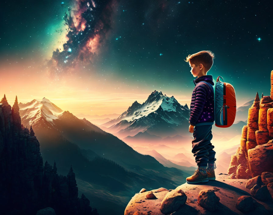 Child with backpack admires mountain range under starry sky