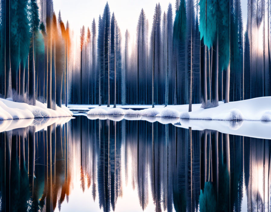 Snowy Winter River Scene with Tall Trees and Pastel Sky