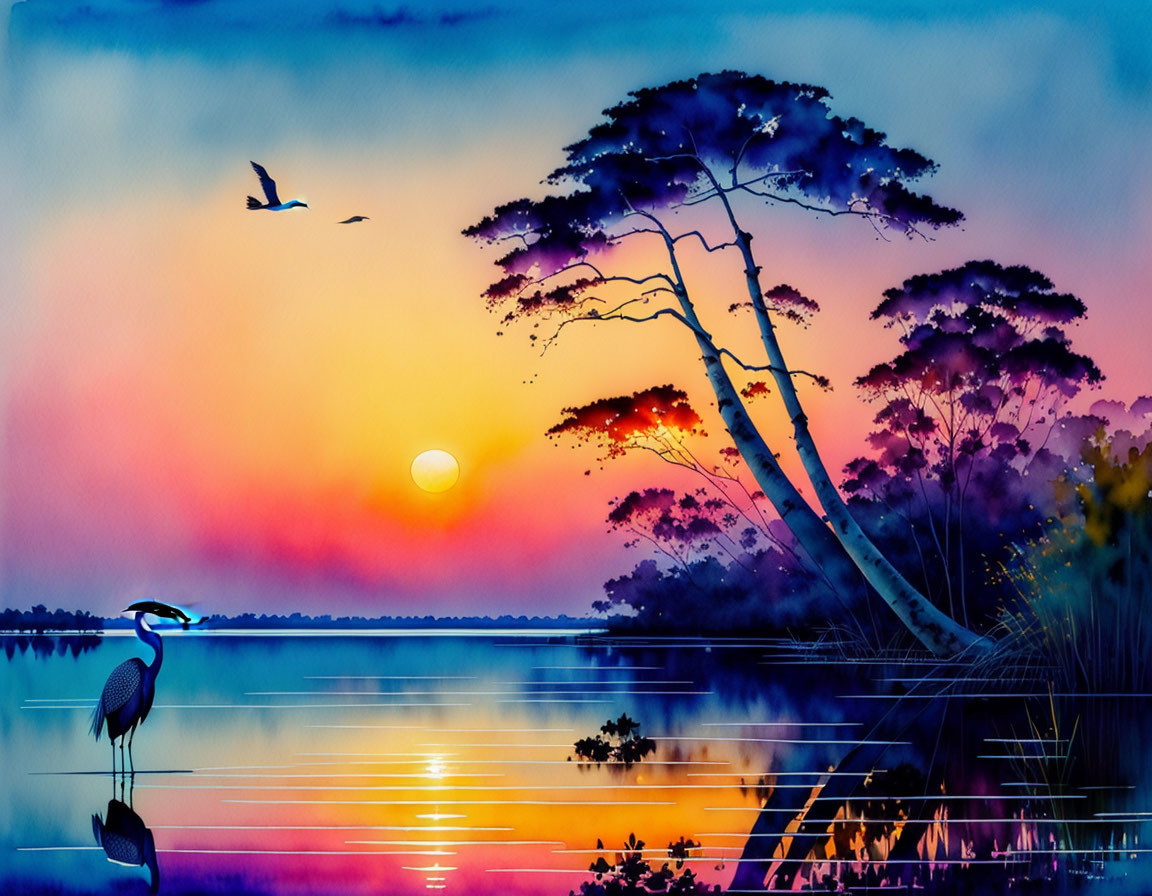 Serene lake sunset watercolor with silhouetted trees and heron.