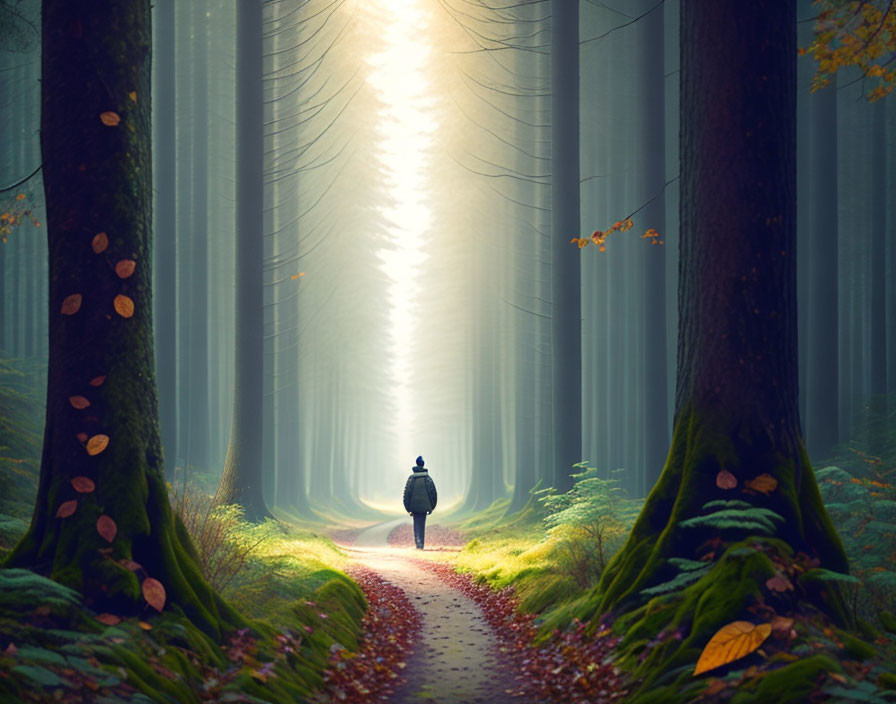 Person walking on misty forest path under soft light among tall trees & autumn leaves.