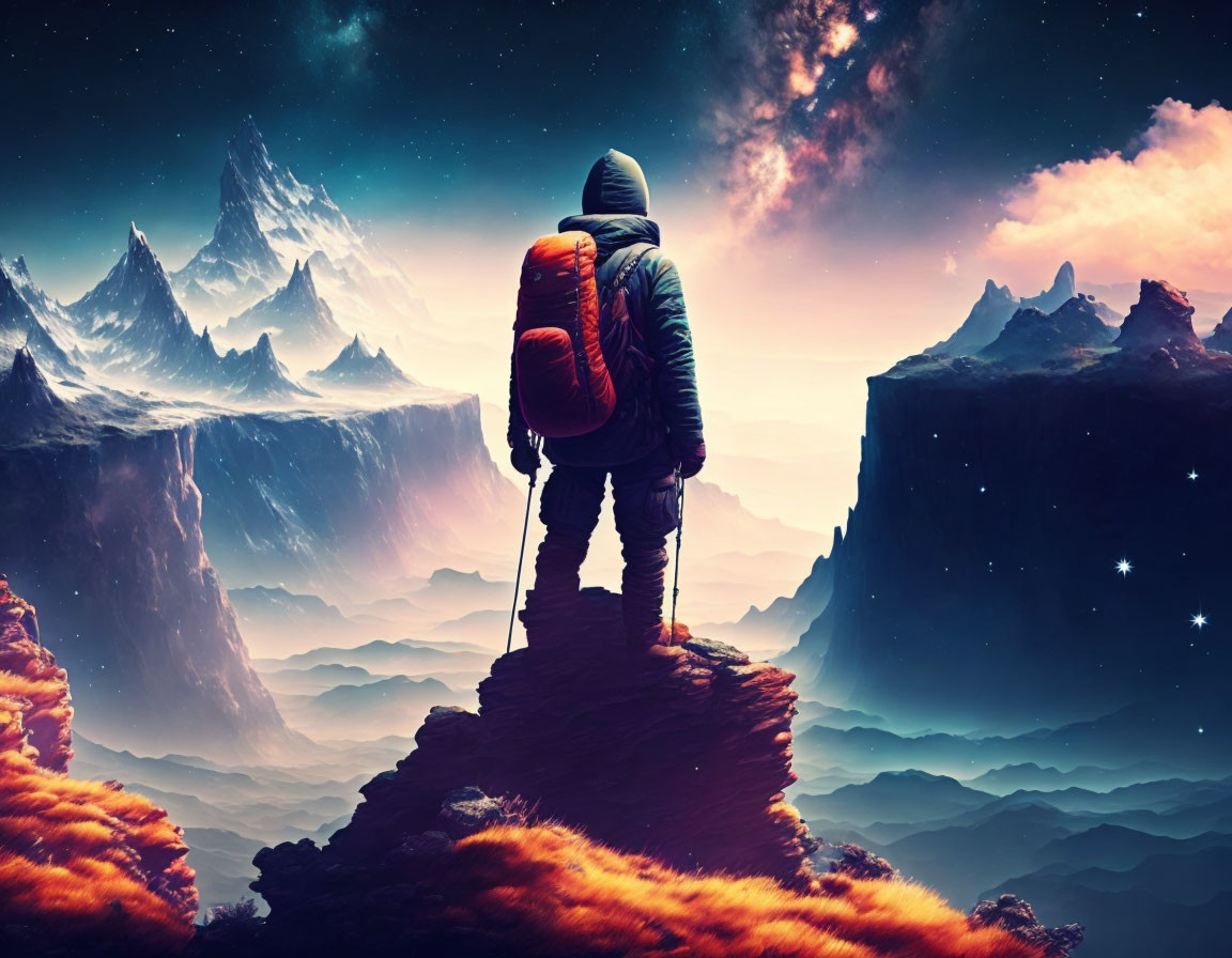 Hiker on Rocky Peak Under Starry Sky and Cosmic Nebula