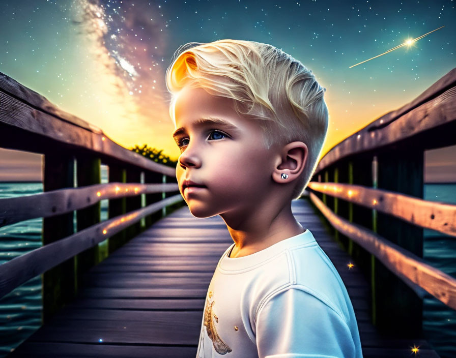 Blonde Child Contemplating Sunset Sky on Wooden Pier