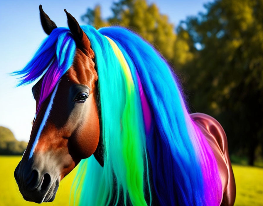 Digitally altered horse with rainbow mane in front of blurred green landscape