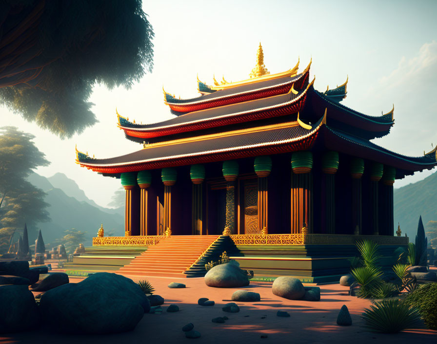 Traditional East Asian temple in serene digital art scene