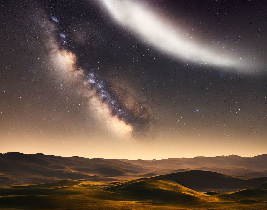 Starry night desert landscape with Milky Way galaxy