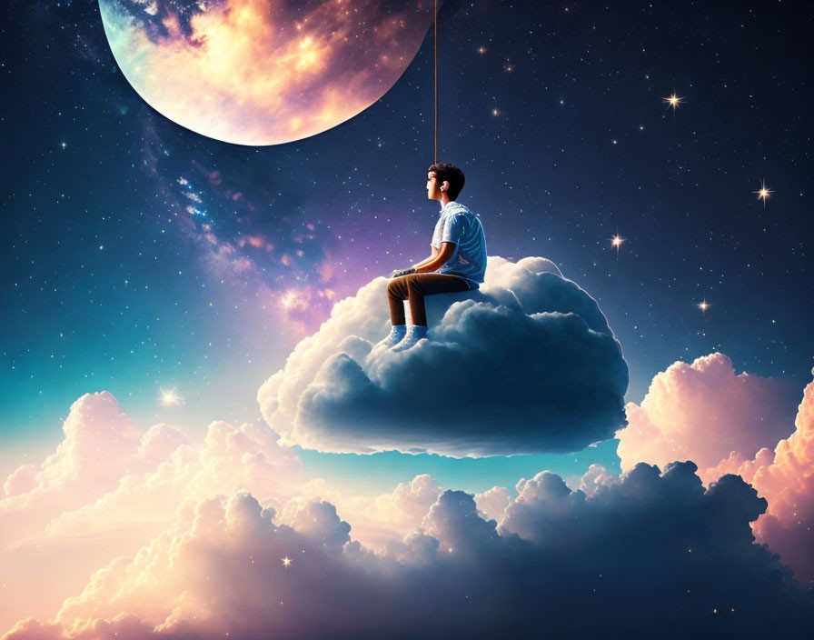 Person sitting on cloud gazes at large moon with hanging rope